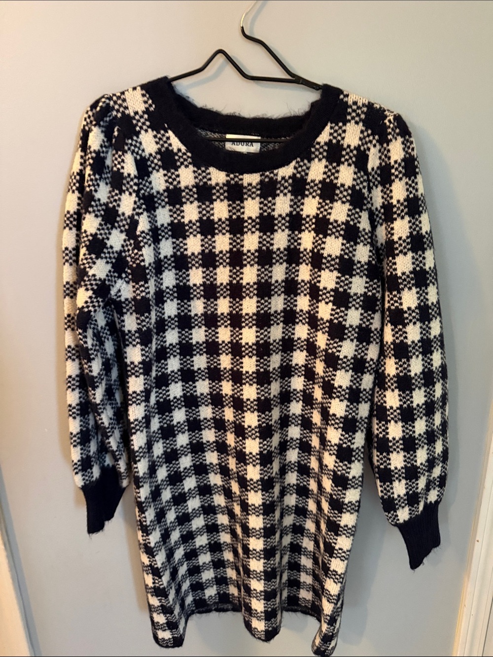 ADORA Navy & White Checked Crewneck Sweater Dress